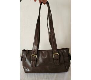 Vintage Amanda Smith Chocolate Brown Leather Baguette Shoulder Bag Gold Buckles